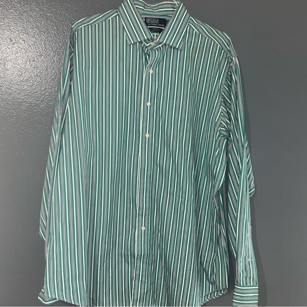 Ralph Lauren Polo Long Sleeve Button XL Regent Classic Fit Collard Green Striped - Picture 2 of 6